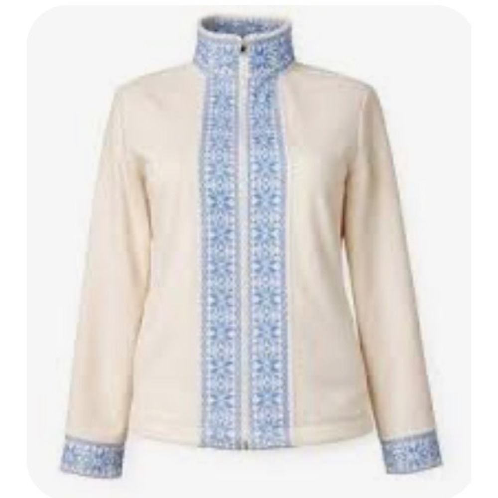 LL Bean | Womens L | Nordic Fleece Zip Up | Cream Blue Snowflake | Mock Neck